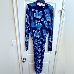 New York & Company Long Sleeve Floral Mesh Ruched Midi Dress Size XL